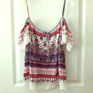 ⬇️ Almost Famous Cold Shoulder Top With Crochet Trim